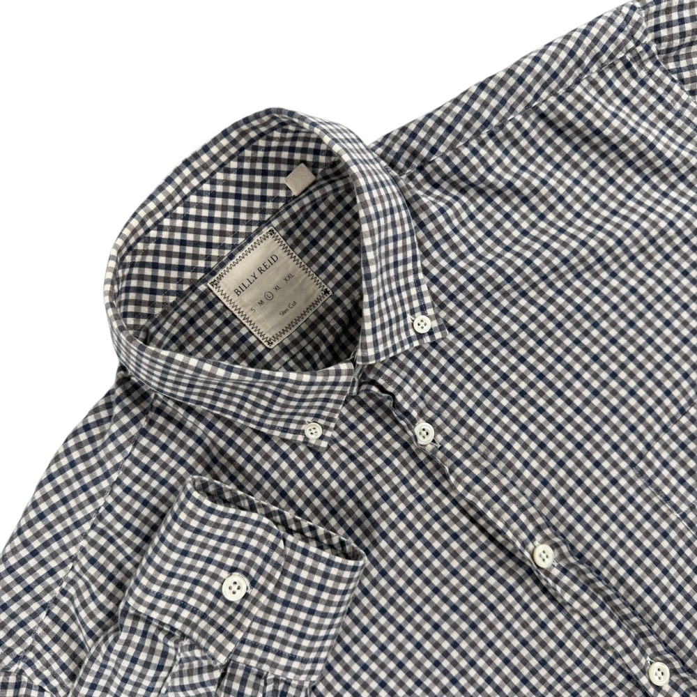 Billy Reid Shirt Mens L Blue Gray Slim Cut Gingham Check Long Sleeve Button Down